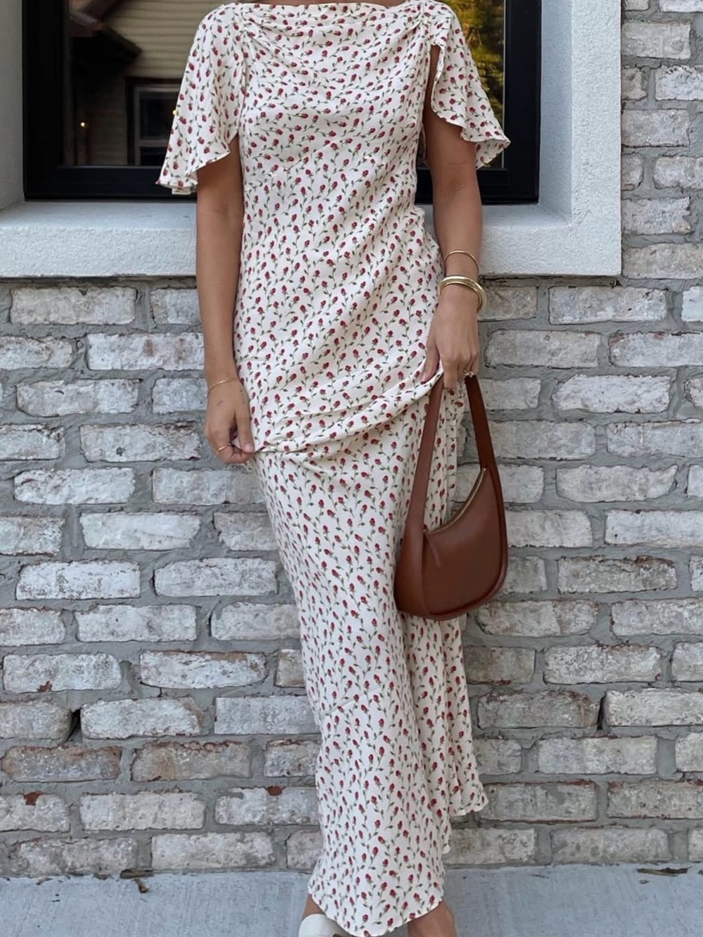 Reformation Cream Floral Maxi Dress with Red Print